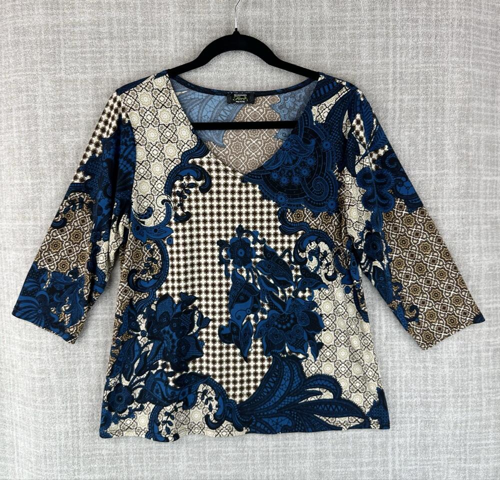 Shannon Ford Blouse Womens M Blue Paisley Tunic V-Neck 3/4 Sleeve Lightweight